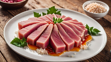 A plate of fresh seafood cuisine tuna meat with vegetables on wooden table