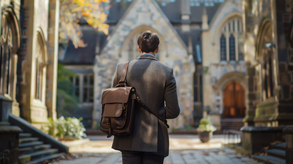 Academician walking through a historic university campus, carrying books and a leather satchel, evoking the tradition and prestige of academia.