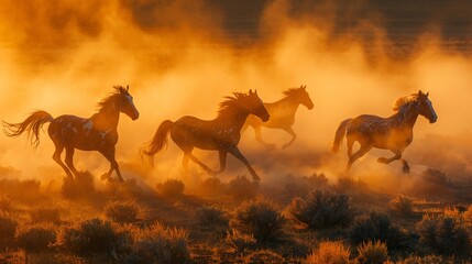 Wild American Paint Horses Galloping Across Open Fields Dust Swirling in the Golden Sunset Light