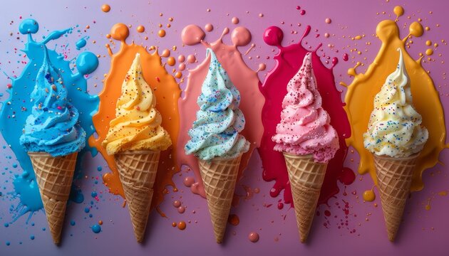 A row of colorful ice cream cones with sprinkles on top by AI generated image