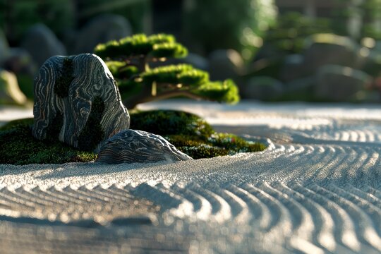 3d illustration of zen garden japanese garden bokeh style background