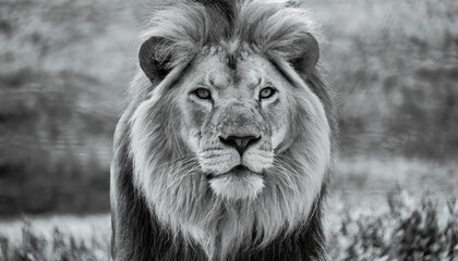 A close up portrait of a male lion's face in Black and white with blue eyes.