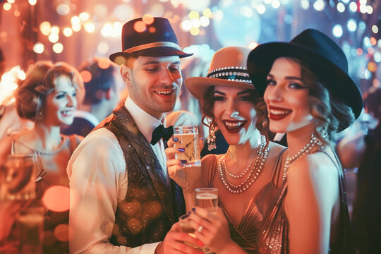 Costume party, 1920s 30s: Flapper dresses, fedoras, and gangster suits, friends dancing the Charleston and sipping cocktails.