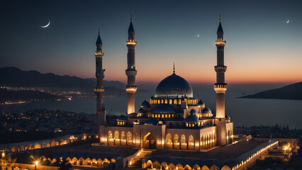 Fototapeta na wymiar Islamic mosque with minaret tower glowing at dusk