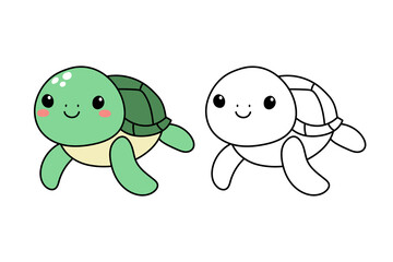 Fototapeta premium Hand drawn cute sea turtle. Marine life animals. Coloring page template