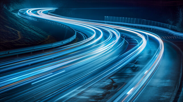 blue light trails create sweeping curves and lines on the road