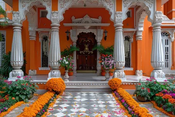 Fotobehang Beautiful Indian house with orange walls, white pillars and arches decorated for Valentine's Day in pink flowers. Created with Ai © Picture