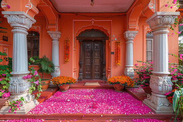 Fototapeta na wymiar A vibrant Indian mansion decorated with flower petals, with large stone pillars and arches on the sides of its entrance door, surrounded by beautiful flowers in orange and pink tones. Created with Ai