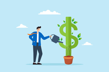 Businessman watering plant shaped like dollar sign illustrating dividends yield investment. Concept of grow profits, earning returns in stock market, increasing wealth, and success in investing