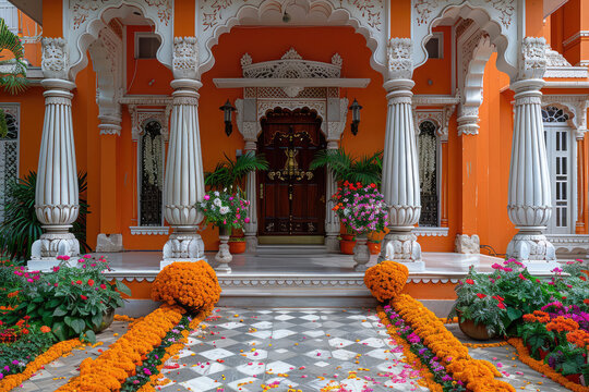 Beautiful Indian house with orange walls, white pillars and arches decorated for Valentine's Day in pink flowers. Created with Ai