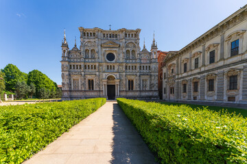 Amazing view of Certosa di Pavia monastery at sunny day