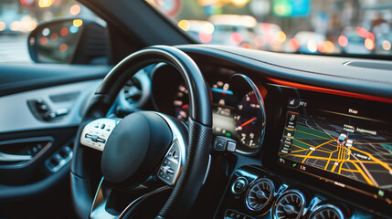 Close-up of a car dashboard with a high-resolution navigation screen displaying GPS maps, vehicle settings, and traffic updates, enhancing travel convenience.