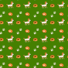 Obraz premium Cartoon dogs and equipment, supplies for pets and puppy seamless pattern