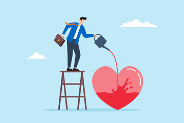 Businessman pouring water to fill heart illustrating work passion and motivation to succeed. Concept of attitude of finding fulfillment in work we love to do, fostering mindset dedicated to success