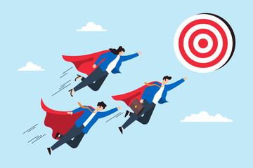 Superhero business people flying toward bullseye target illustrating teamwork, professional aim, and reaching goals. Concept of collaborative effort, leadership, and determination to achieve success