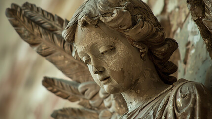 Close-up of a detailed angel statue in a historic church, with intricate feathered wings and a compassionate expression, evoking a sense of peace and sanctity.