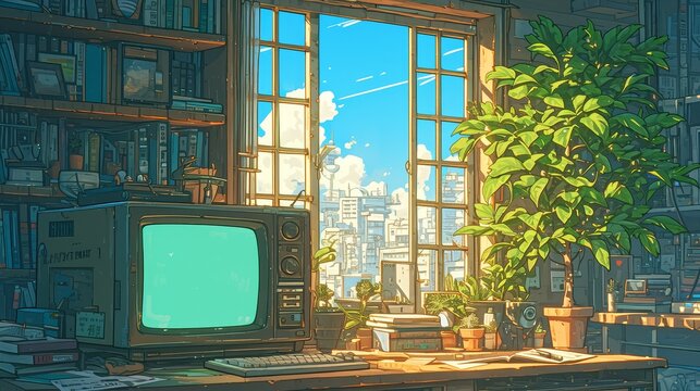 A retro TV on the table, in the lofi anime style, warm colors, evening time, a window with a sunset view, a room with wooden walls and floor, small potted plants in the corner