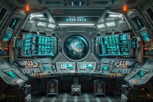 Interstellar spaceship interior, hyper realistic photo of the bridge and control room with crew in it. Created with Ai
