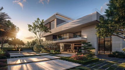 An expansive image of a luxury home at high noon, where the suna??s peak creates a play of light...