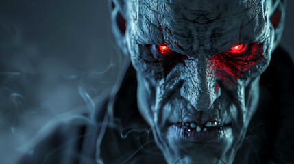 Close-up of a menacing 3D modeled character with glowing red eyes and sinister expression, designed for a video game antagonist. - obrazy, fototapety, plakaty
