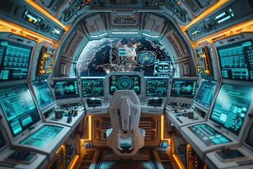 A sci-fi spaceship interior with advanced control panels and glowing lights, rendered in the style of Unreal Engine. Created with Ai