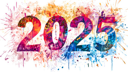 Large colored numbers 2025 with splashes of paint. Bright watercolor illustration with numbers 2025. Happy New Year 2025 poster.