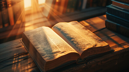 Close-up of an open aphorism book on a vintage wooden desk, sunlight casting warm highlights over the page, inspiring a reflective mood. - obrazy, fototapety, plakaty