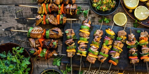 A cookout scene with skewers of grilled vegetables and meat for Memorial Day. 