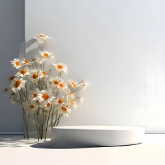 A bouquet of daisies behind a white round podium for demonstration, on a white wall light with shadows