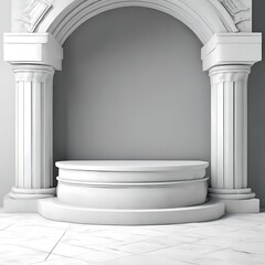 Round podium, stand for demonstration, with columns in classical ancient Roman style