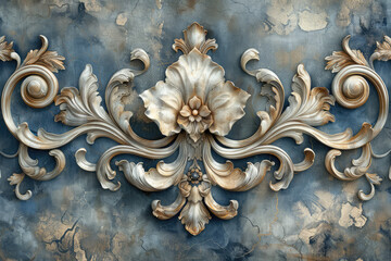 old vintage victorian wallpaper, blue and white damask floral design, distressed. Created with Ai - obrazy, fototapety, plakaty
