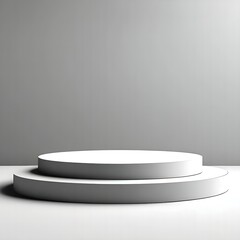 Round double white podium for demonstration on a gray background with shadows, isolate, minimalism
