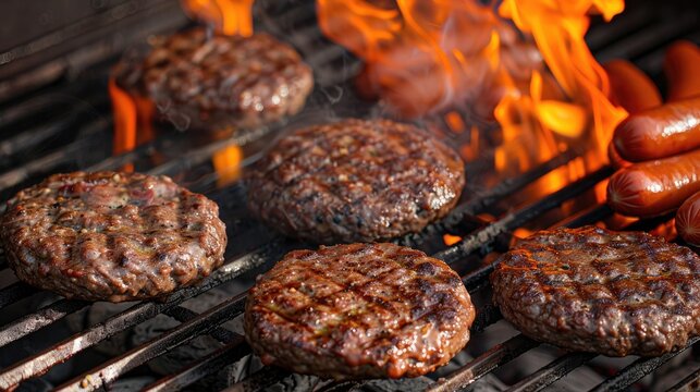 A barbecue grill with sizzling burgers and hot dogs for a Memorial Day cookout. 