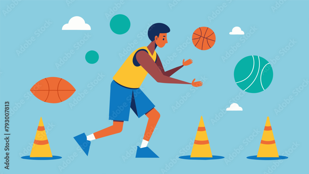 Poster dribbling a basketball through a series of cones while also reciting a sequence of numbers called ou