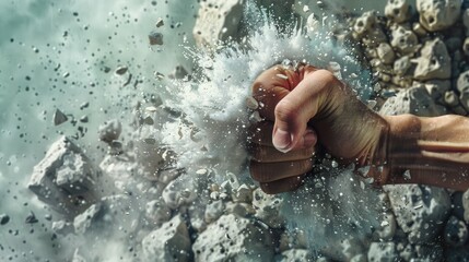 A 3D illustrated scene of a fist shattering a soapstone wall, capturing the intricate particles and dust in motion