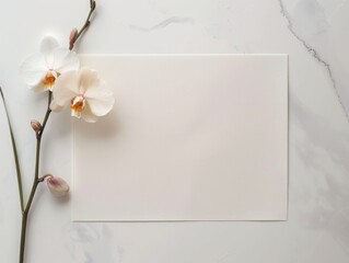 A clean, minimal illustration featuring a blank white paper with a single dry orchid placed...