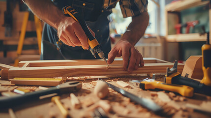 Detailed image of a DIY expert's hands assembling a wooden furniture piece, tools spread around on a workbench with soft focus background. - obrazy, fototapety, plakaty