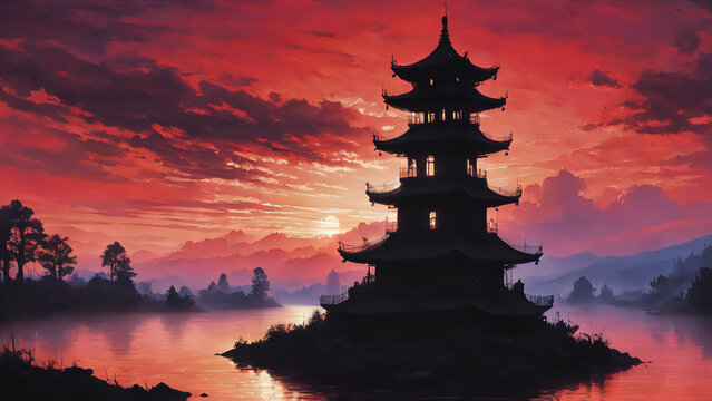 2d illustration of Silhouette of tower temple under red dusk sky