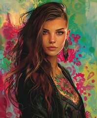 A striking, realistic portrait of a woman with a punk aesthetic. Her long, wavy brown hair is shaved on one side, revealing a colorful, intricate floral tattoo. 