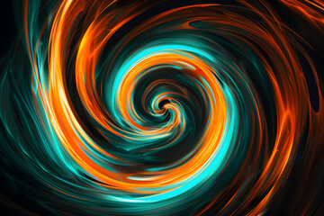 Dynamic neon swirl design with orange and turquoise hues. Energetic artwork on black background.