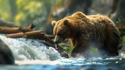 Fototapeten BEAR hunting fish in a river during the day © Marco