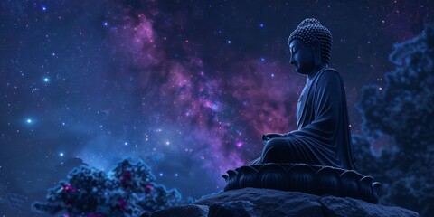 Serene Buddha statue under a starry night sky