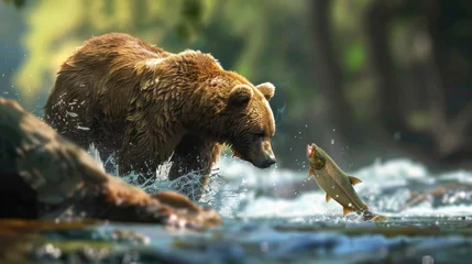 Fototapeten BEAR hunting fish in a river during the day in high resolution and high quality. concept animals, bear, fish, nature © Marco