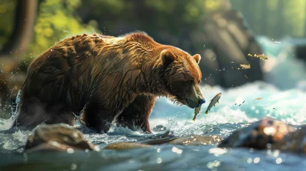 Fototapeten BEAR hunting fish in a daytime river in high resolution © Marco
