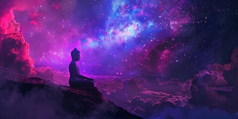 Serene meditation under a cosmic sky: surreal astral scene - obrazy, fototapety, plakaty
