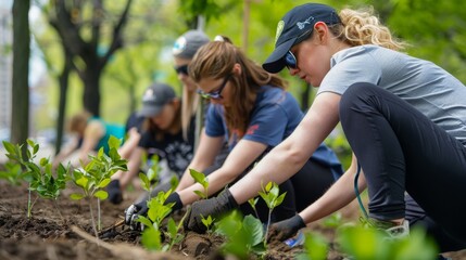 A group of volunteers planting trees in a city park, revitalizing urban green spaces