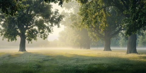 Misty morning in a serene meadow with majestic trees and sunlight