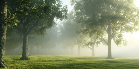 Tranquil morning in a misty green forest with sunlight filtering through trees