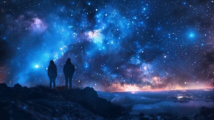 A couple is standing on a cliff, looking at the stars in the night sky. The sky is full of stars and the Milky Way is clearly visible.