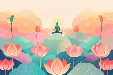 Serene meditation scene with Buddha statue amidst lotus flowers